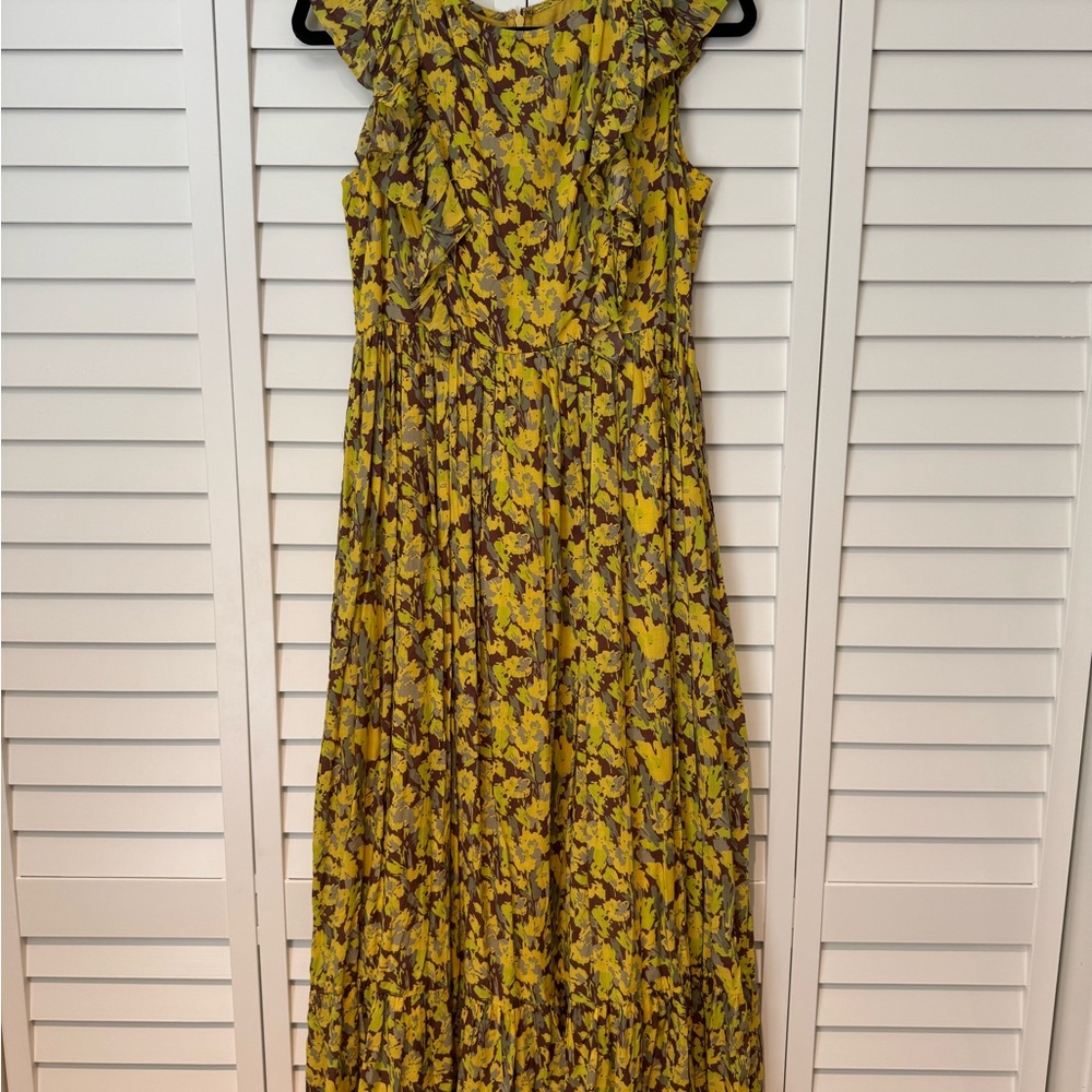 Anthropologie Floral Yellow and Green Maxi Dress